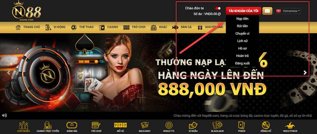 Giao diện và điều hướng trang web NAP88